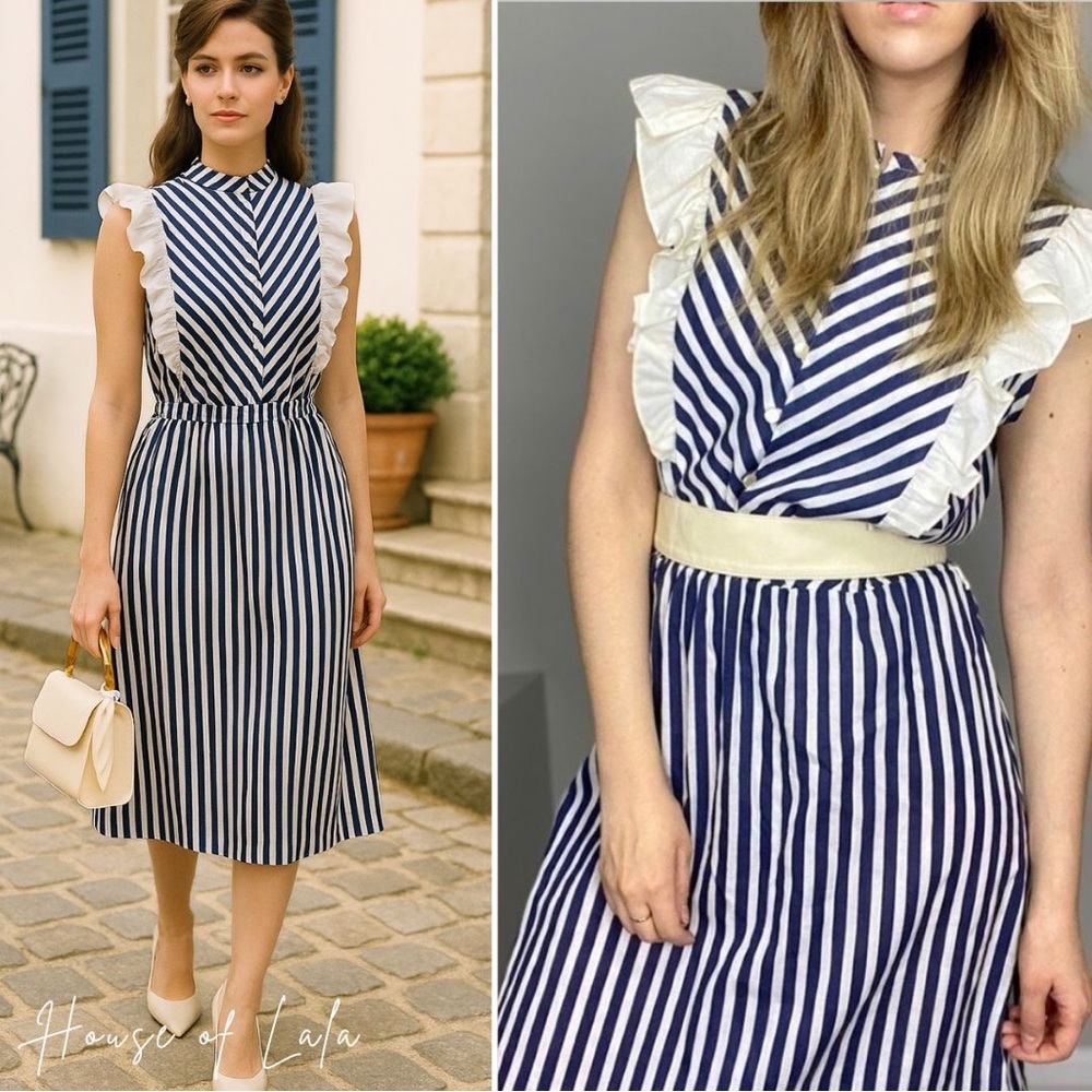 Vintage Summer Dress Blue & White Stripe. Romantic Casual Poetcore Dress.